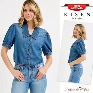 RISEN Button Down Short Puff Sleeves Medium Washed Casual Cropped Denim Shirt